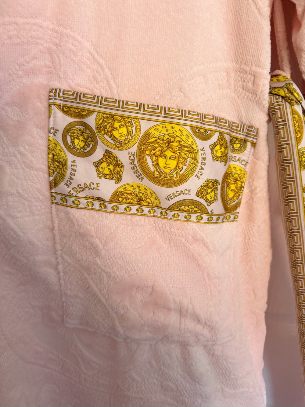Versace Pink Plush Long Robe with Gold Medallion Trim - Picture 2 of 8